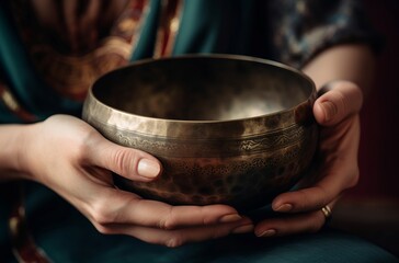 Fototapeta na wymiar Tibetan singing bowl. Meditation therapy acoustic mindfulness medicine. Generate ai