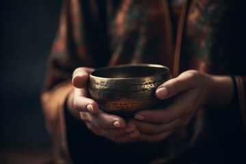 Tibetan traditional singing bowl. Mantra wellbeing meditating acoustic practice. Generate ai - obrazy, fototapety, plakaty
