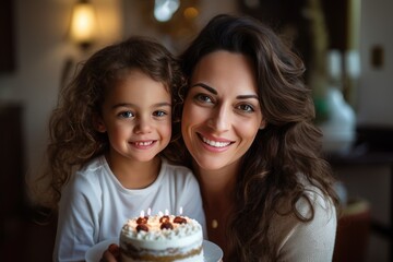 Cheerful cute child with mother holding birthday cake at home