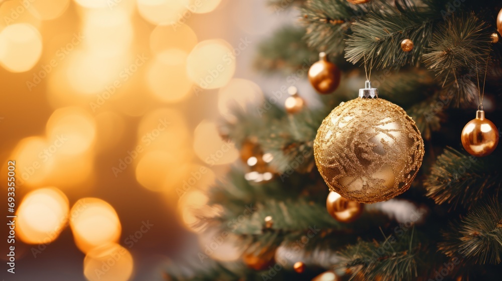 Poster christmas tree decorated with golden balls with bokeh lights background.