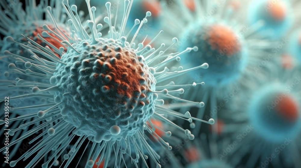 Aufkleber close-up of virus dissolving under a microscope.