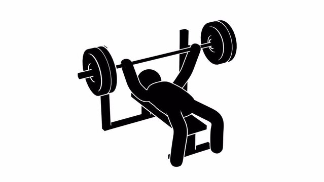 Pictogram man bench press. Stickman trains with a barbell. Looping animation with alpha channel.