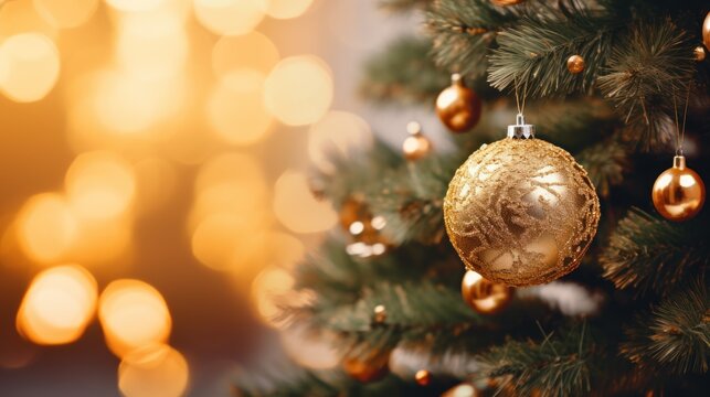 Christmas tree decorated with golden balls with bokeh lights background.