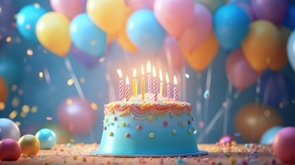 happy birthday background Animated cake on a background of balloons - obrazy, fototapety, plakaty