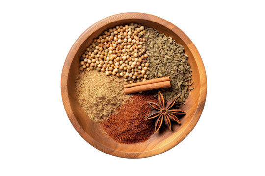Various of Asian spices and herbs in types of powder and grain inside wooden bowl isolated on transparent png background,  ingredients for cooking concept.