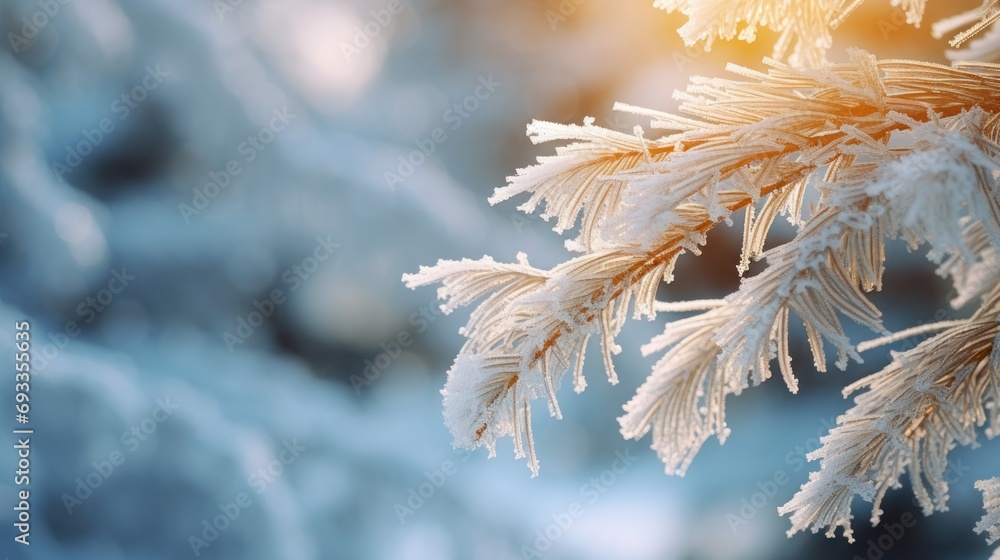 Poster new year and christmas the branches of the christmas tree are frozen with golden and white snowflake