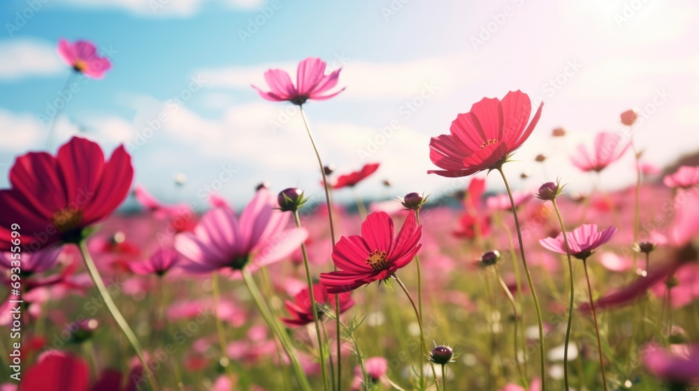 Poster red cosmos flowers sway in the natural field with the breeze. there is free space.