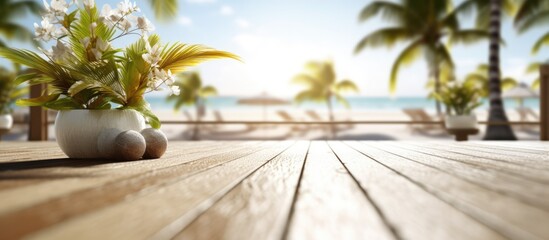 White sand beachside wooden terrace Blur tropical beach, bokeh sun and palm trees in coffee photo room