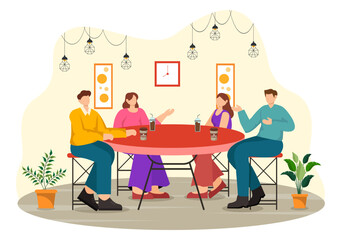 Double Date Vector Illustration with Two Couples who were Eating and Drinking Together in a Restaurant in Flat Cartoon Background Design