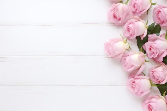 spring flowers Pink roses on a white wooden background
