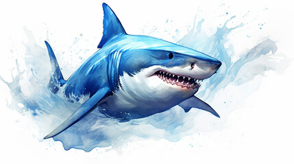 A shark in the blue sea, watercolor in clipart style