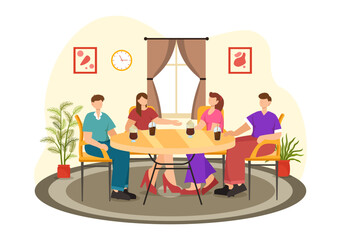 Double Date Vector Illustration with Two Couples who were Eating and Drinking Together in a Restaurant in Flat Cartoon Background Design