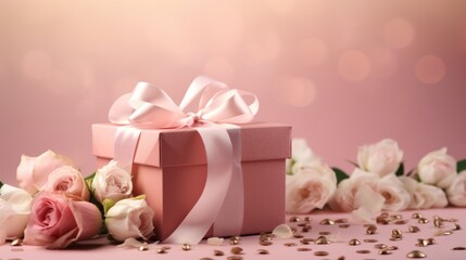 Fototapeta na wymiar pink gift box with various flowers on a beige background. Beautiful nature ideas for Valentine's Day