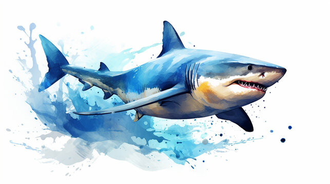 A shark in the blue sea, watercolor in clipart style
