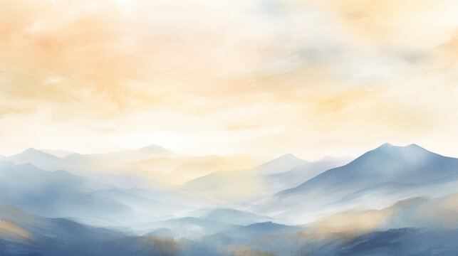 Watercolor Mountain Background Landscape Art With Watercolor Brush And Gold Line Art Texture.