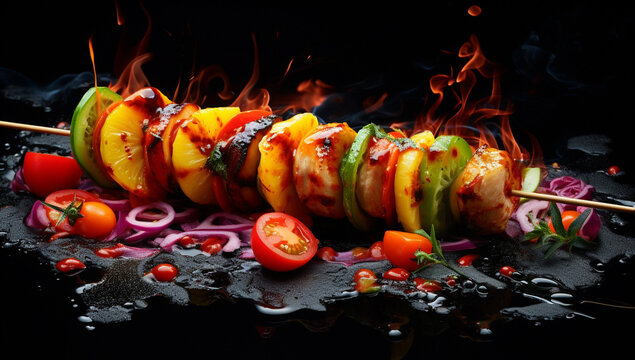 a perfect barbecue with this tantalizing image of a grill adorned with chicken skewers, sweet peppers, and dill. Generative AI.