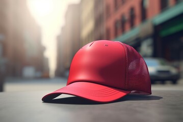 Trucker red cap mockup concept. Crimson fashion headpiece lying on city avenue. Generate ai