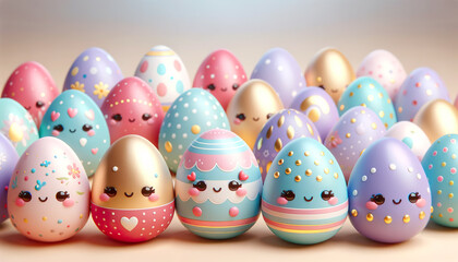 Fototapeta na wymiar Easter eggs with cute faces in pastel colors. 