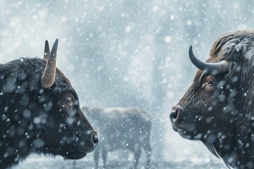 Two bison animals in wintertime. Wildlife endangered buffalo in snowy winter fall. Generate ai