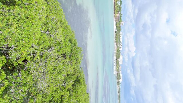 La Matica islet, Playa Boca Chica beach in Dominican Republic. Aerial and vertical format