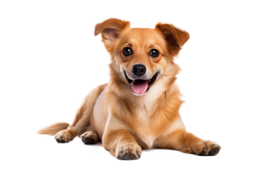 Cute fluffy portrait smile Puppy dog that looking at camera isolated on clear png background, funny moment, lovely dog, pet concept.