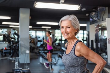 Fototapeta premium elderly woman, in a tank top shirt, in the gym, smiling, slim and fit, fitness in the gym