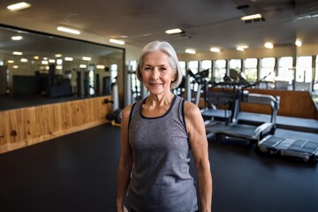 elderly woman, in a tank top shirt, in the gym, smiling, slim and fit, fitness in the gym