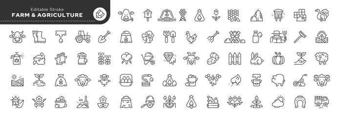 Set of line icons in linear style. Set - Farming, farm and agriculture. Animal husbandry and livestock breeding. Outline icon collection. Conceptual pictogram and infographic. Editable stroke.