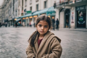 Fototapeta premium Small child, a girl is desperate and sad and alone, homeless or orphan, sad and depressed, terrible childhood caused by homelessness or poverty or refugee