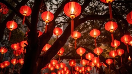 Illuminated red lanterns decorating trees at dusk. Traditional cultural festival.