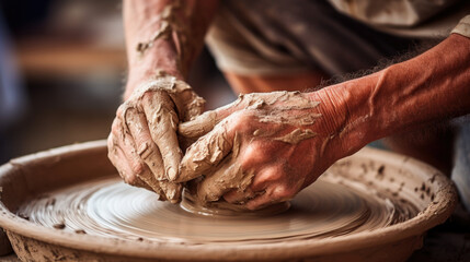 Closeup of potter's hands molds clay pot spinning on pottery wheel with special wooden tool. - obrazy, fototapety, plakaty