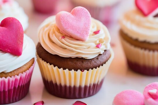 Colorful cupcakes decorated with hearts and roses for Valentine's Day.