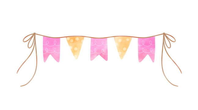 flag ribbon bunting Watercolor illustration carnival garland birthday new year baby shower girl party decoration banner colorful boho style border frame