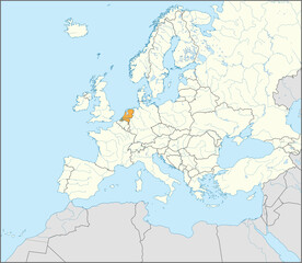 Obraz premium Orange CMYK national map of NETHERLANDS inside detailed beige blank political map of European continent with rivers and lakes on blue background using Mercator projection