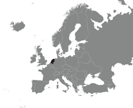Black CMYK national map of NETHERLANDS inside detailed gray blank political map of European continent on transparent background using Mercator projection