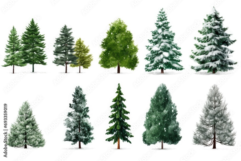 Aufkleber A collection of various tree types depicted on a plain white background. Ideal for use in educational materials or as decorative elements