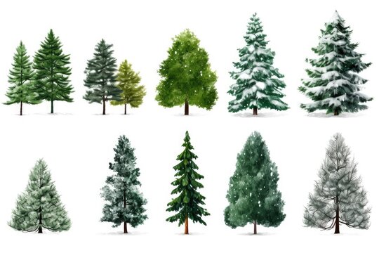 A collection of various tree types depicted on a plain white background. Ideal for use in educational materials or as decorative elements