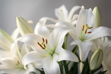 Fototapeta na wymiar White lilies closeup floral bouquet. Blossom floral elegance petal flower. Generate Ai