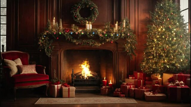 fireplace with christmas decorations and candle, chirstmas tree with lighting, seamless loop video animation in 4k UHD
