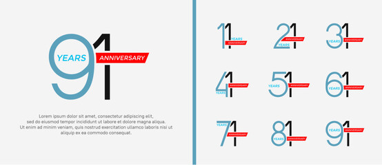 Fototapeta na wymiar set of anniversary logo blue, black color and red ribbon on white background for celebration moment