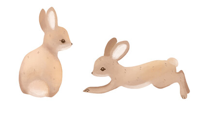 Set of cute white rabbits. Bunny sit and jump. Hand drawn illustration.