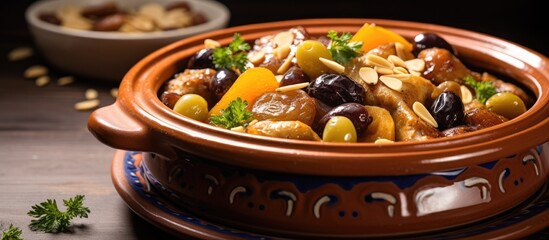 Moroccan chicken tajine with dried fruits - prunes and nuts. Traditional delicacy cooked in ceramic dish. - obrazy, fototapety, plakaty