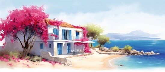 Seashore villa with blooming Bougainvillea watercolor postcard - obrazy, fototapety, plakaty