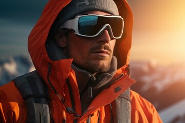 A man wearing an orange jacket and goggles standing on a mountain. Suitable for outdoor adventure and winter sports themes - obrazy, fototapety, plakaty