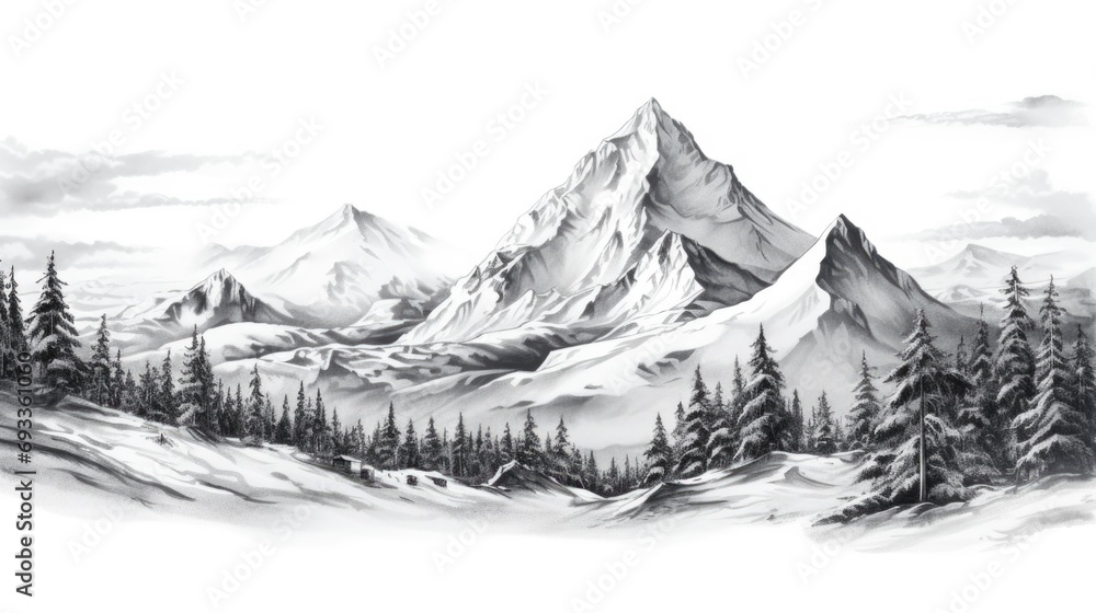 Poster a black and white drawing depicting a mountain range. suitable for various design projects