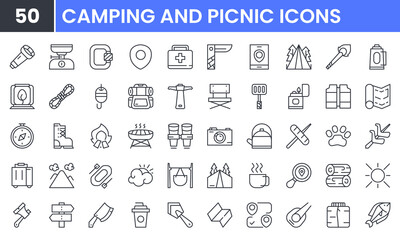 Picnic and Travel Outdoor vector line icon set. Contains linear outline icons like Campfire, Survival, Camping, Grill, Backpack, Holiday, Mountain, Compass, Forest, Hiking. Editable use and stroke.