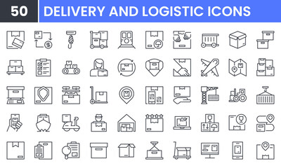 Delivery and Logistic vector line icon set. Contains linear outline icons like Shipping, Box, Transportation, Warehouse, Freight, Container, Supply Chain, Fulfillment, Route. Editable use and stroke.