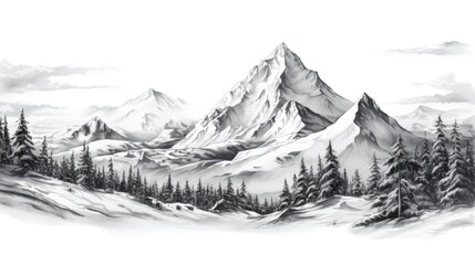 A black and white drawing depicting a mountain range. Suitable for various design projects