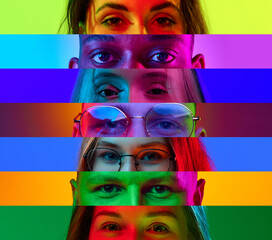 Collage made of people of different age, gender and race. Human eyes placed in narrow stripes over...