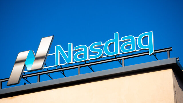 Stockholm, Sweden - 03.24.2022: Rooftop Nasdaq logotype at the HQ in Stockholm. Finance and investing themed concept.